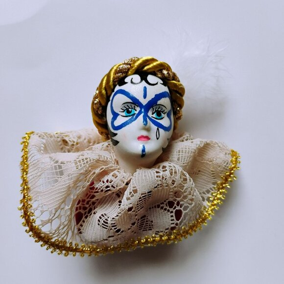 Vintage Porcelain Pierrot Head Ornament, Harlequin Clown Doll Pin Cushion, Lace - Picture 1 of 12